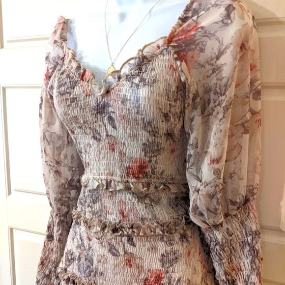 SNDYS. Floral Ruched Ruffle Bodycon Puff Sleeve Mini Dress - Picture 5 of 7